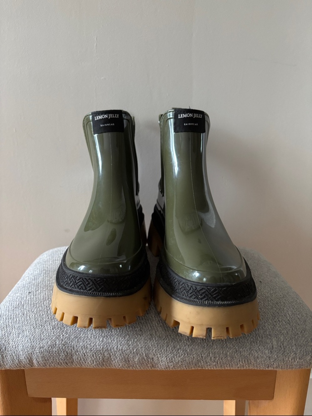 Lemon Jelly Olive Green Platform Rain Ankle Boots